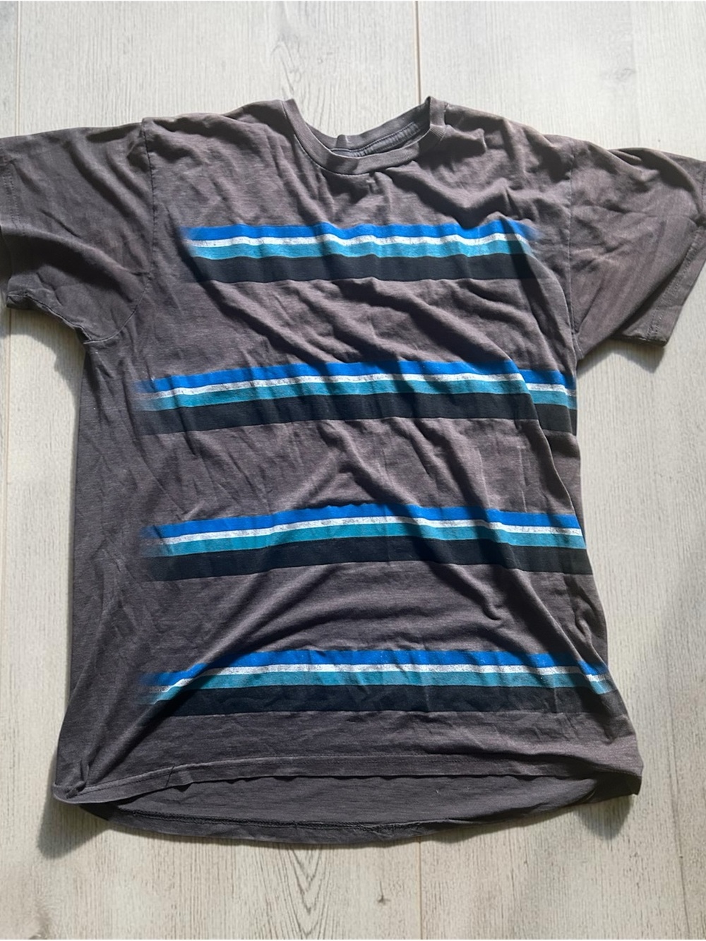 Lucky Brand Black T‑Shirt with Blue and Aqua Horizontal Stripes